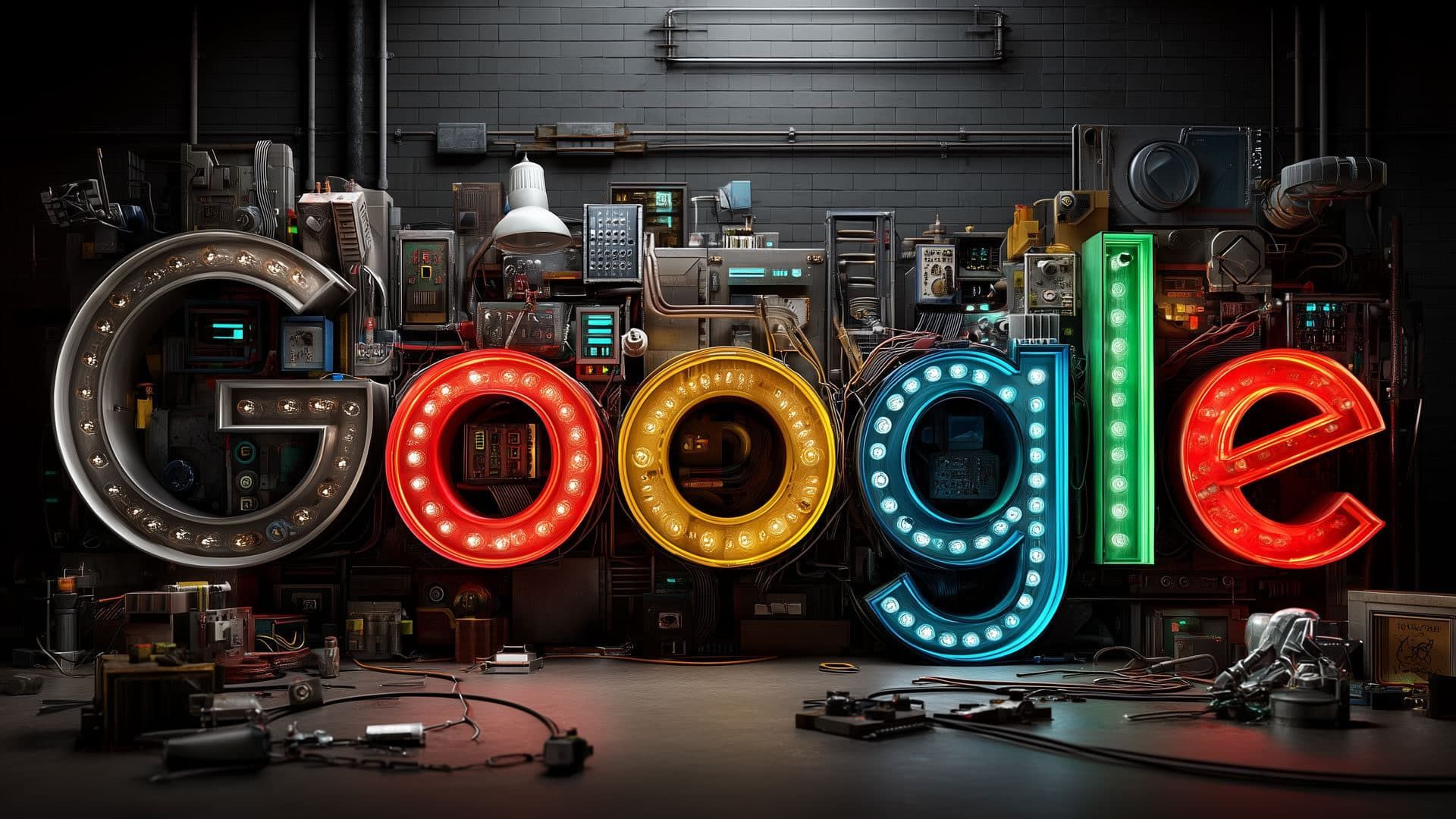 Google logo with neon-light letters amidst a cluttered, industrial workshop setting, with electrical components.