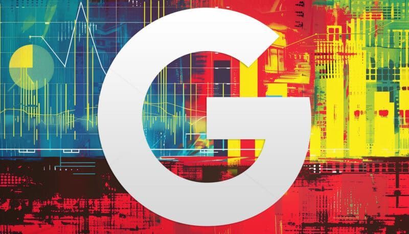 White Google logo over colorful abstract background of graphs and data.