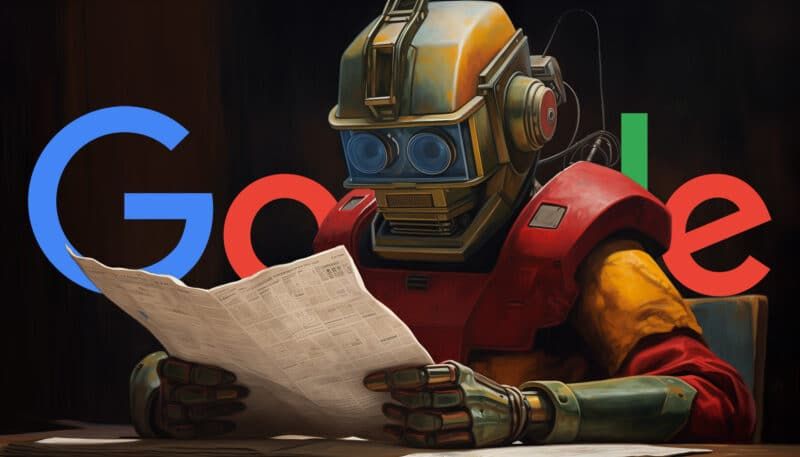 Robot reading paper in front of the Google logo; orange, blue, yellow, and green.