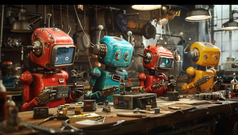 Four colorful robots in a workshop, working on a workbench.