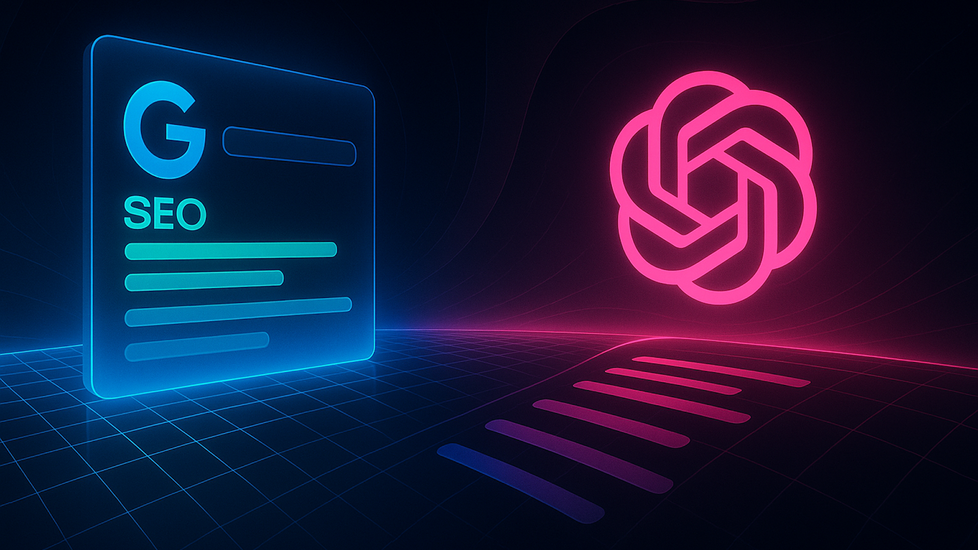 Blue and pink neon graphic of SEO document and OpenAI logo.