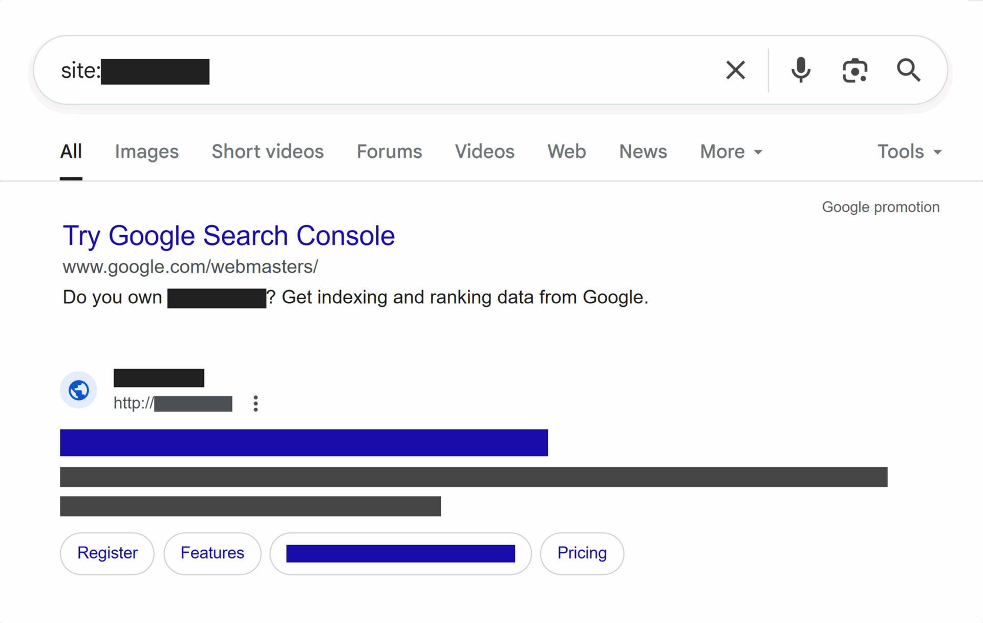 Google search results for a search query; with a blue and gray bar graph.