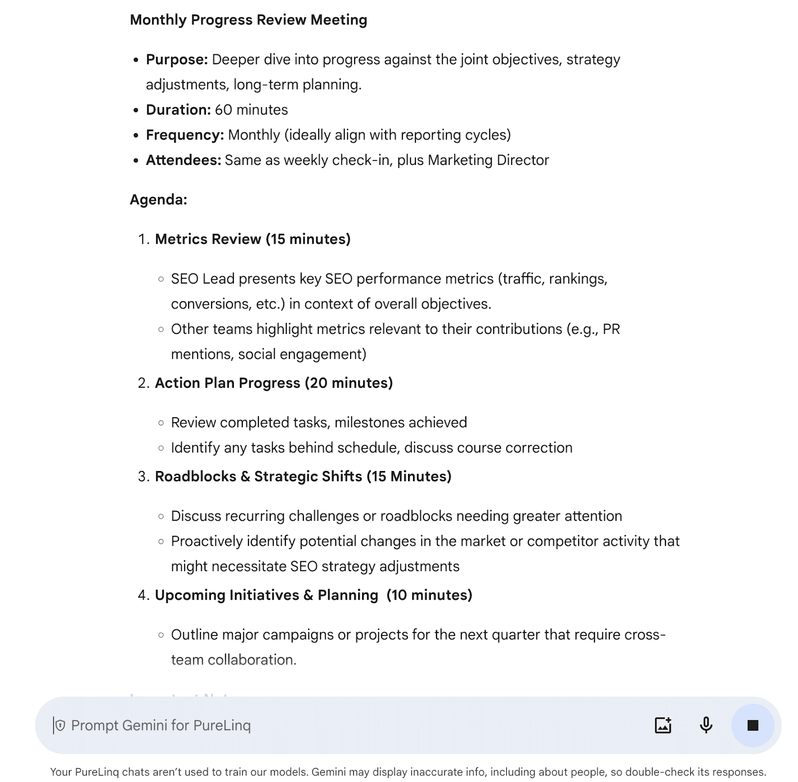 Monthly Progress Review Meeting agenda: metrics, action plan, roadblocks, initiatives.