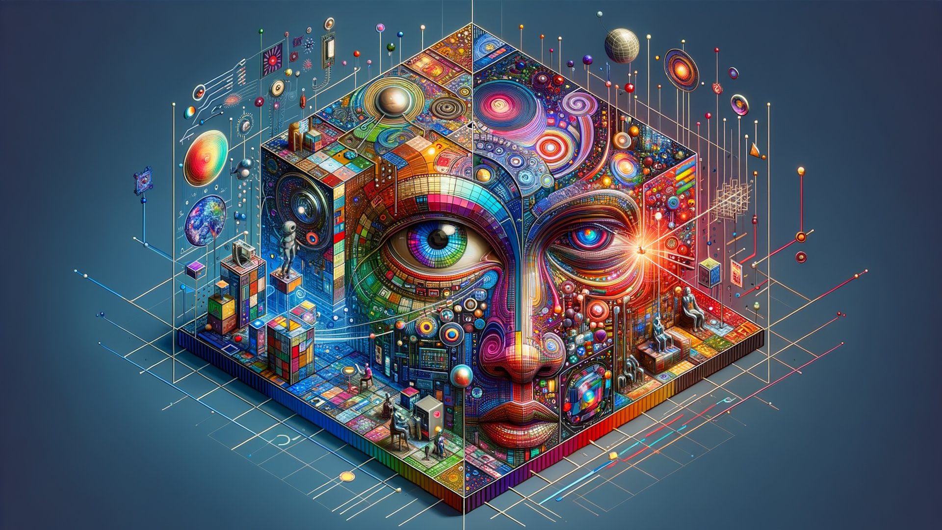 A colorful cube with a face, a large eye, and various objects connected by lines, set against a dark blue background.