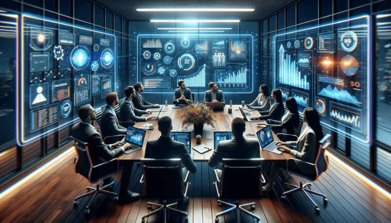 Business meeting in a futuristic boardroom. People at a table, screens with data, city view.