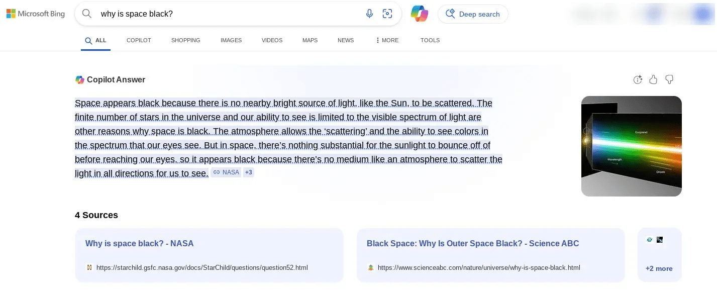 Screenshot of a search result page, with a large text block, image, and additional search results below.