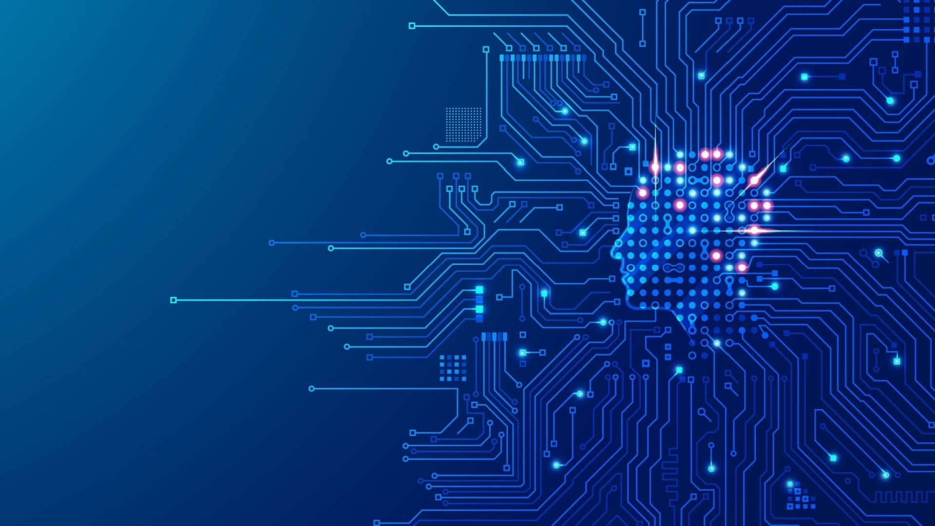 Blue circuit board with a glowing digital brain in the center, illustrating artificial intelligence.
