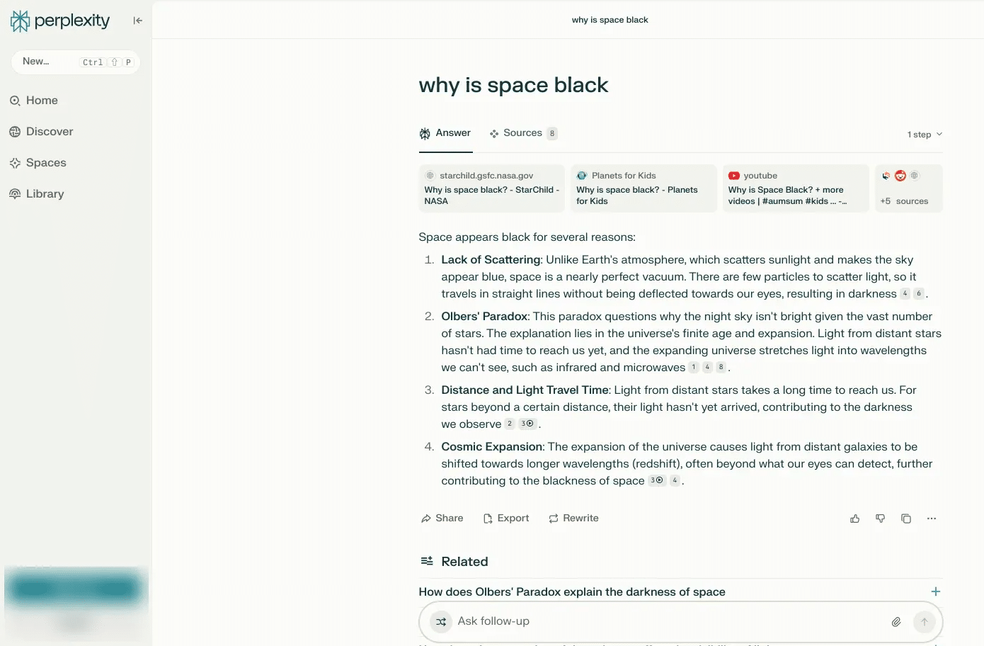 Website page with text explaining why space appears black.