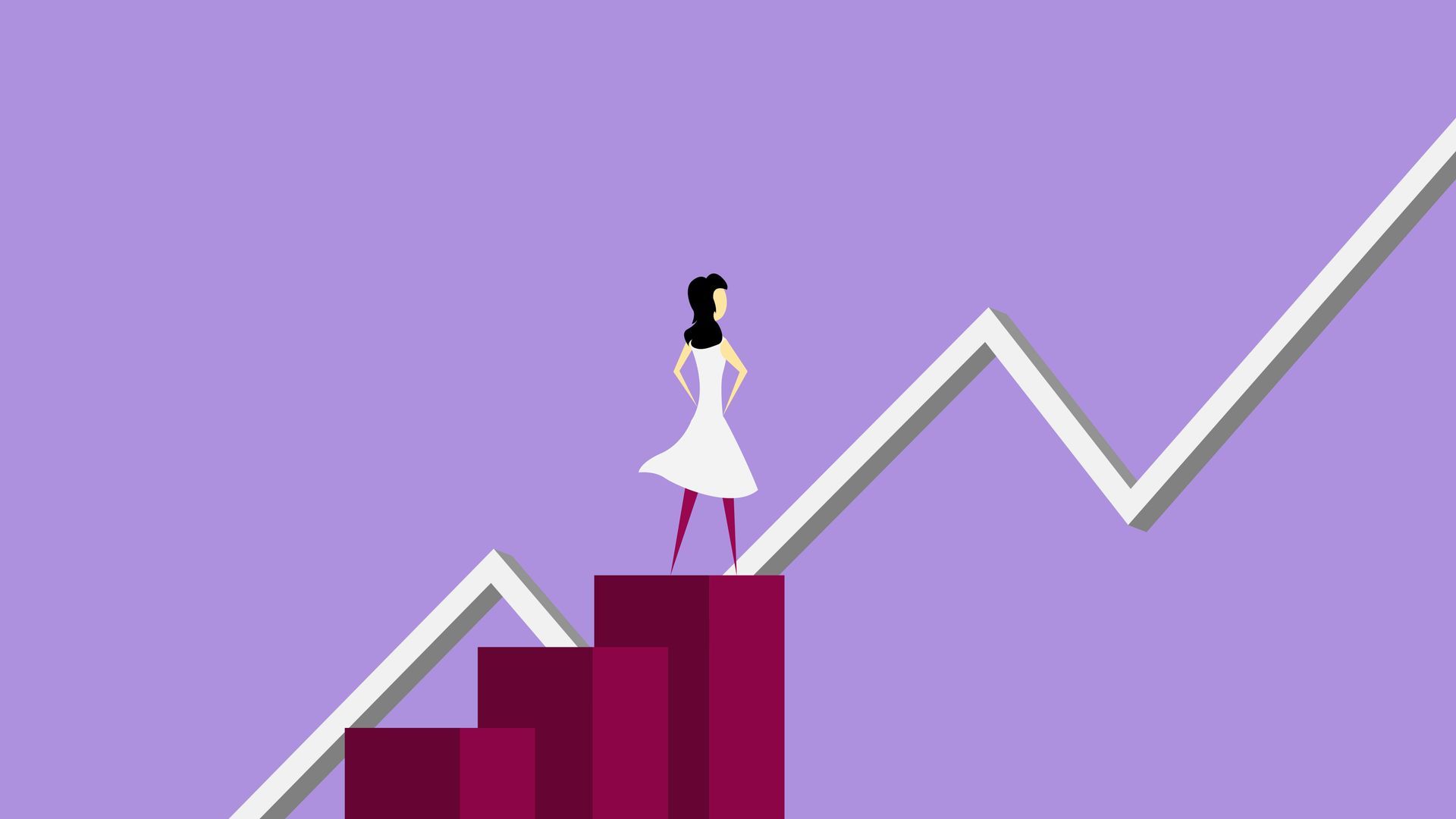 Woman in white dress stands on a rising bar graph, looking toward the future.