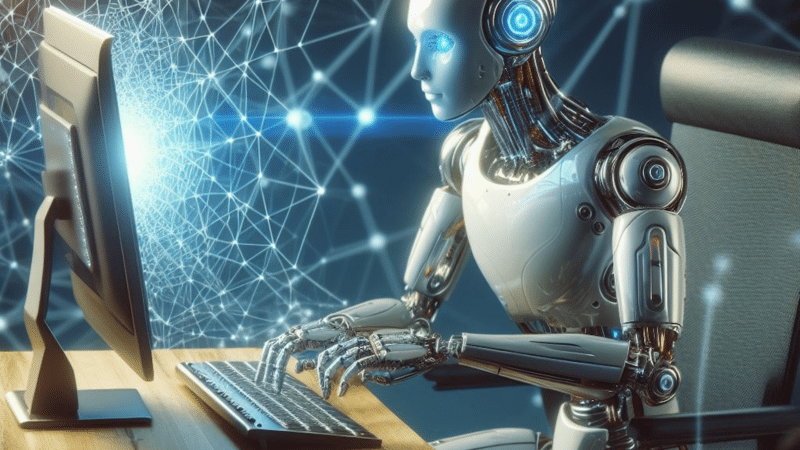Robot working at a computer, connected to a network.