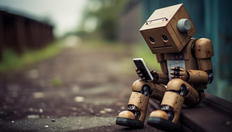 Robot with a cardboard head and body sits on a track, looking at a smartphone.