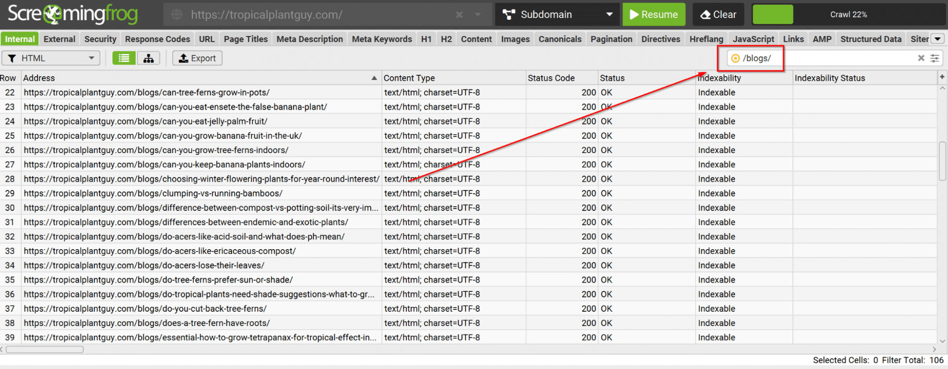 Screenshot of a webpage with a table of data and an arrow pointing to a search bar.
