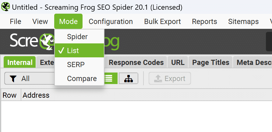 Screaming Frog SEO Spider software interface, 