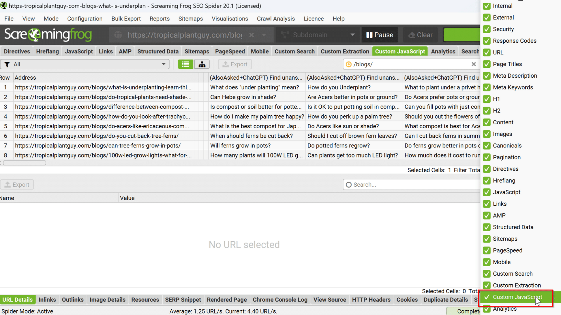 Screenshot of Screaming Frog SEO Spider, a website crawler, analyzing data, with a 