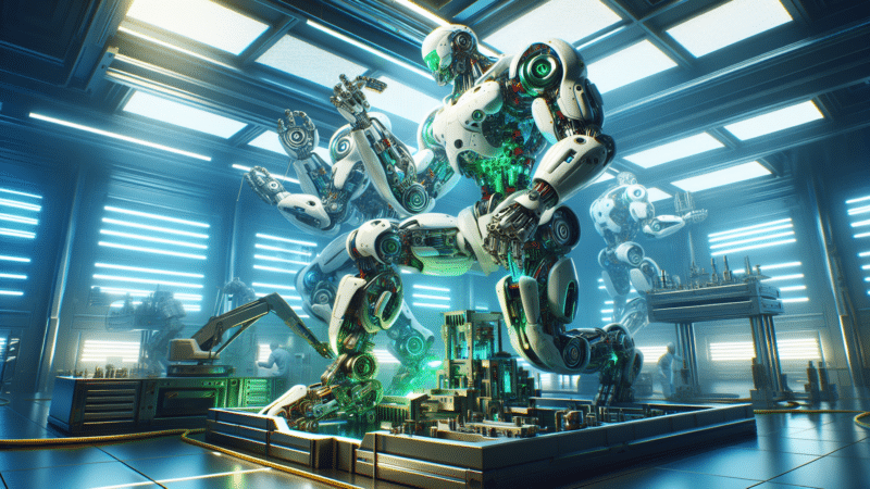 Two large robots in a futuristic lab, one kneeling over a miniature city. Blue and green lighting.