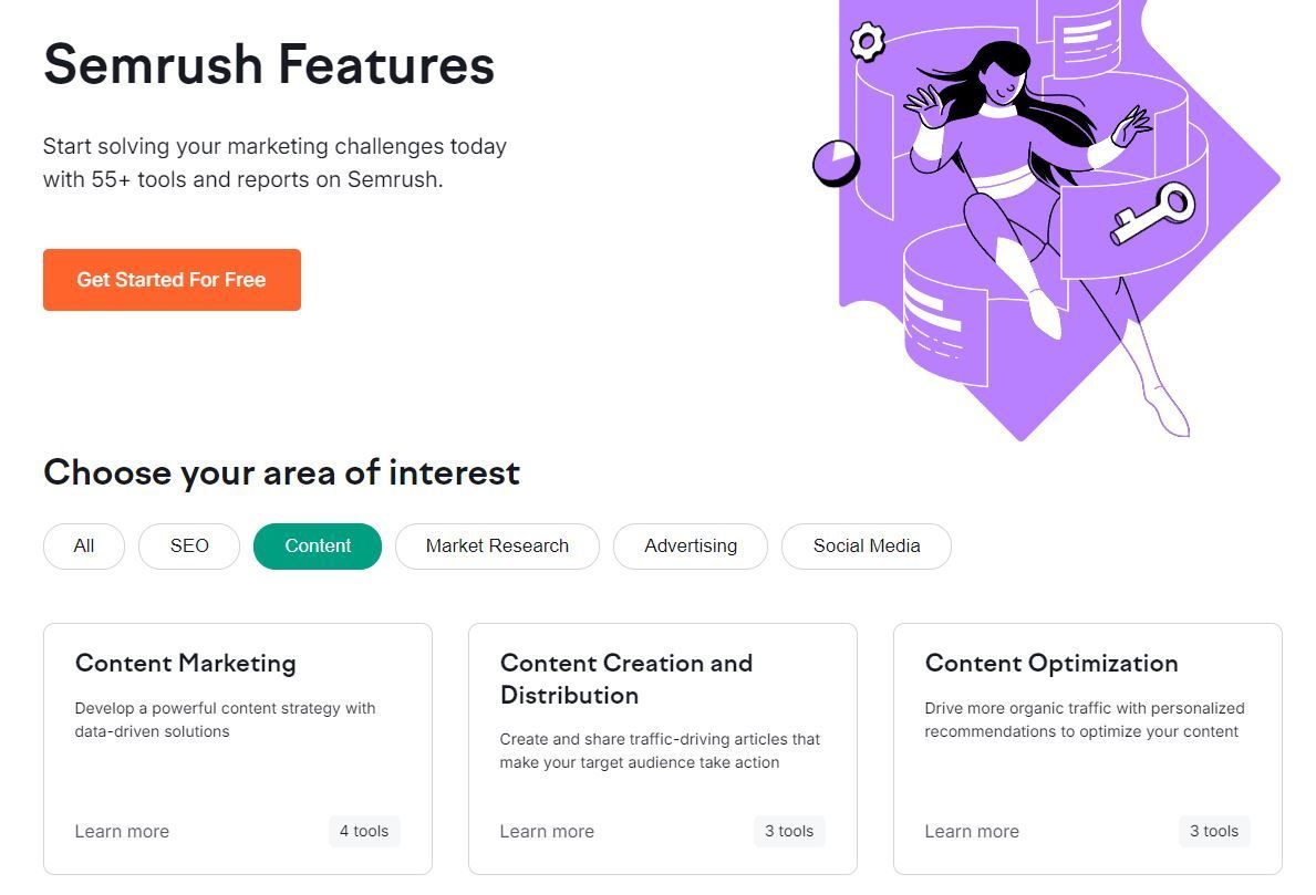 Semrush Features:  Woman holding keys, choosing marketing area of interest, content marketing section.