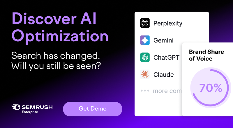 Advertisement: SEMrush promoting AI optimization. Text says