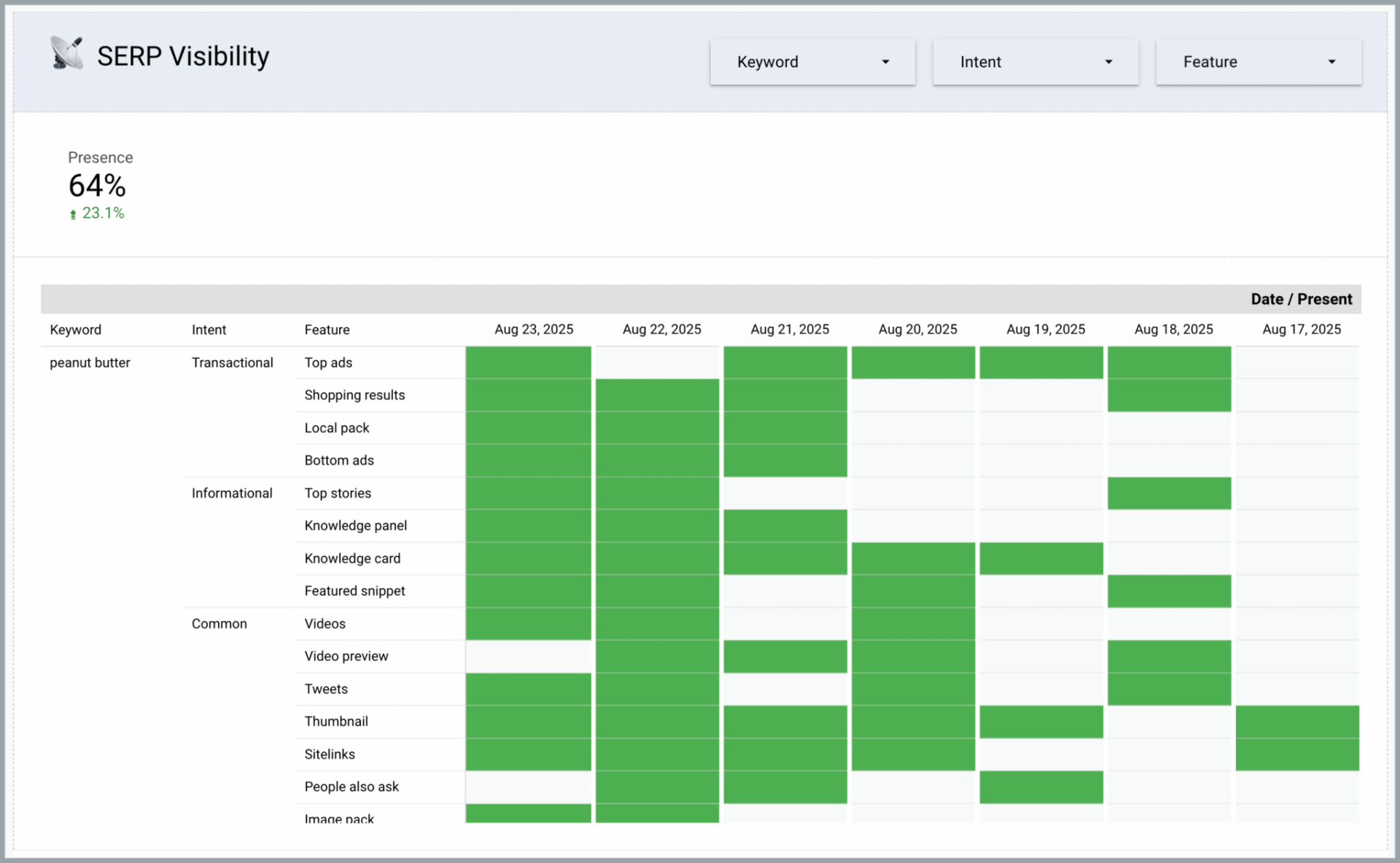 SEO Visibility dashboard with green progress bars showing keyword ranking trends over time.