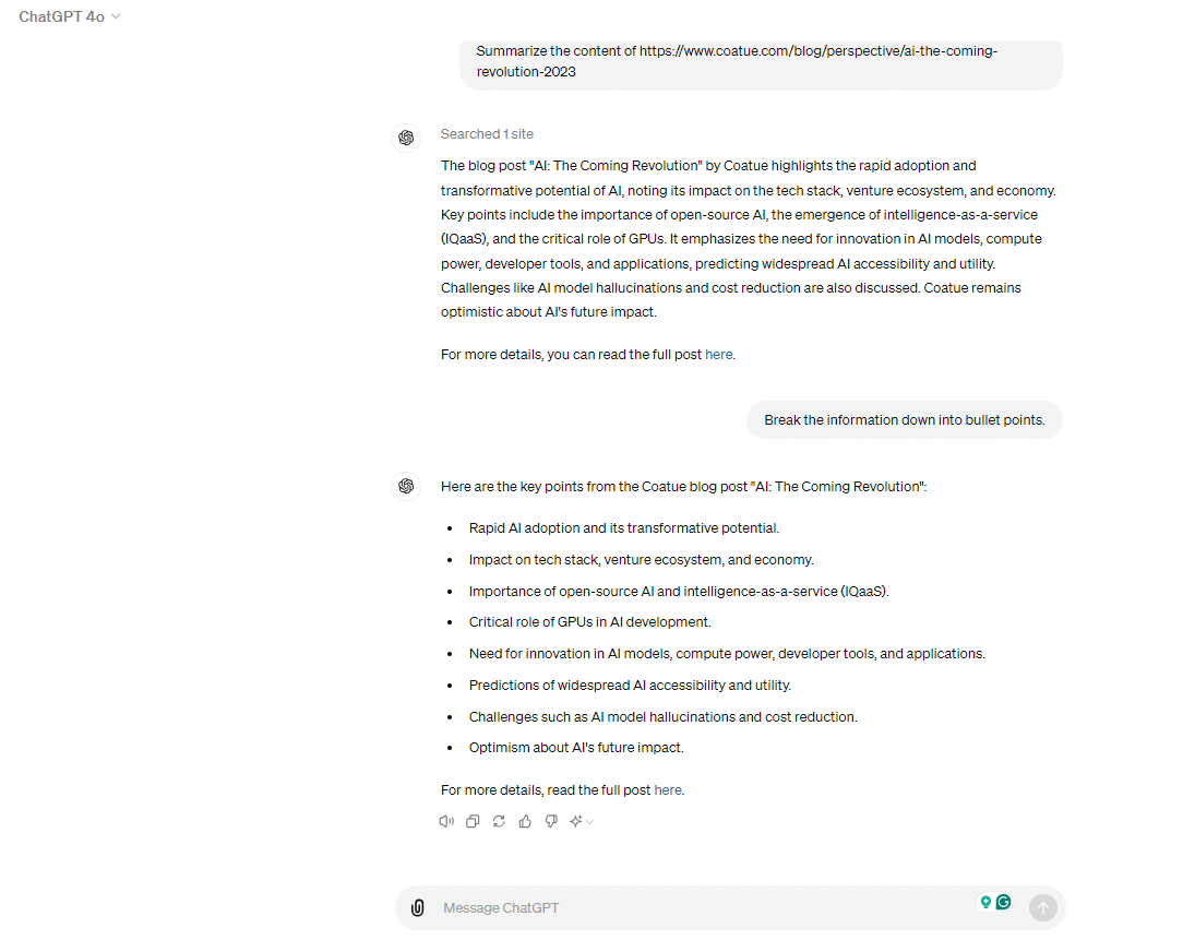 A screenshot of a chat with text and a list of bullet points, likely discussing a topic.