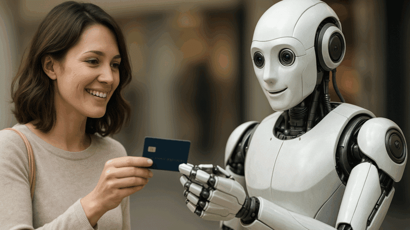 Woman smiling, handing a credit card to a friendly robot in a store.