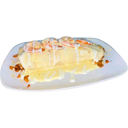 Shrimp burrito with creamy sauce on a white plate, topped with shrimp and crispy bits.