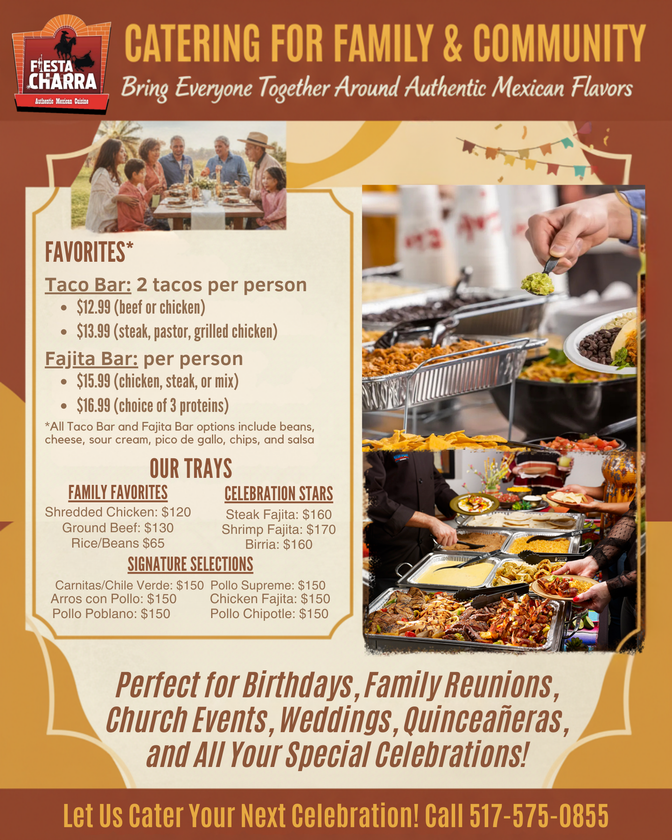 Catering menu with family, food trays, and text: "Catering for Family & Community" and "Let Us Cater Your Next Celebration!".