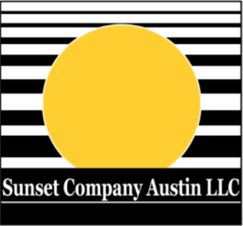 Yellow sun graphic over black and white horizontal stripes; Sunset Company Austin LLC text below.
