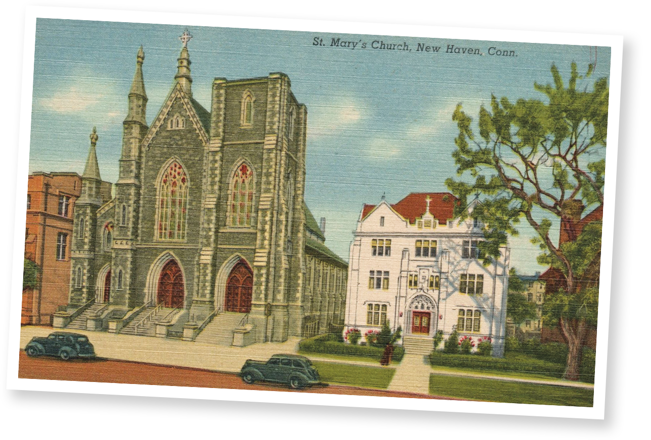 A postcard showing a church and a house in new york