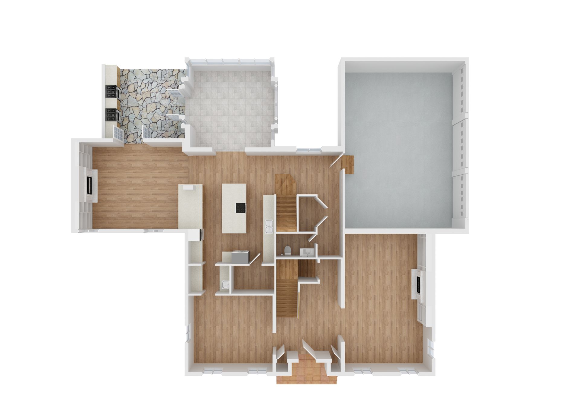 Top-down floor plan of a home with wood floors, white walls, a tiled bathroom, and an open garage.