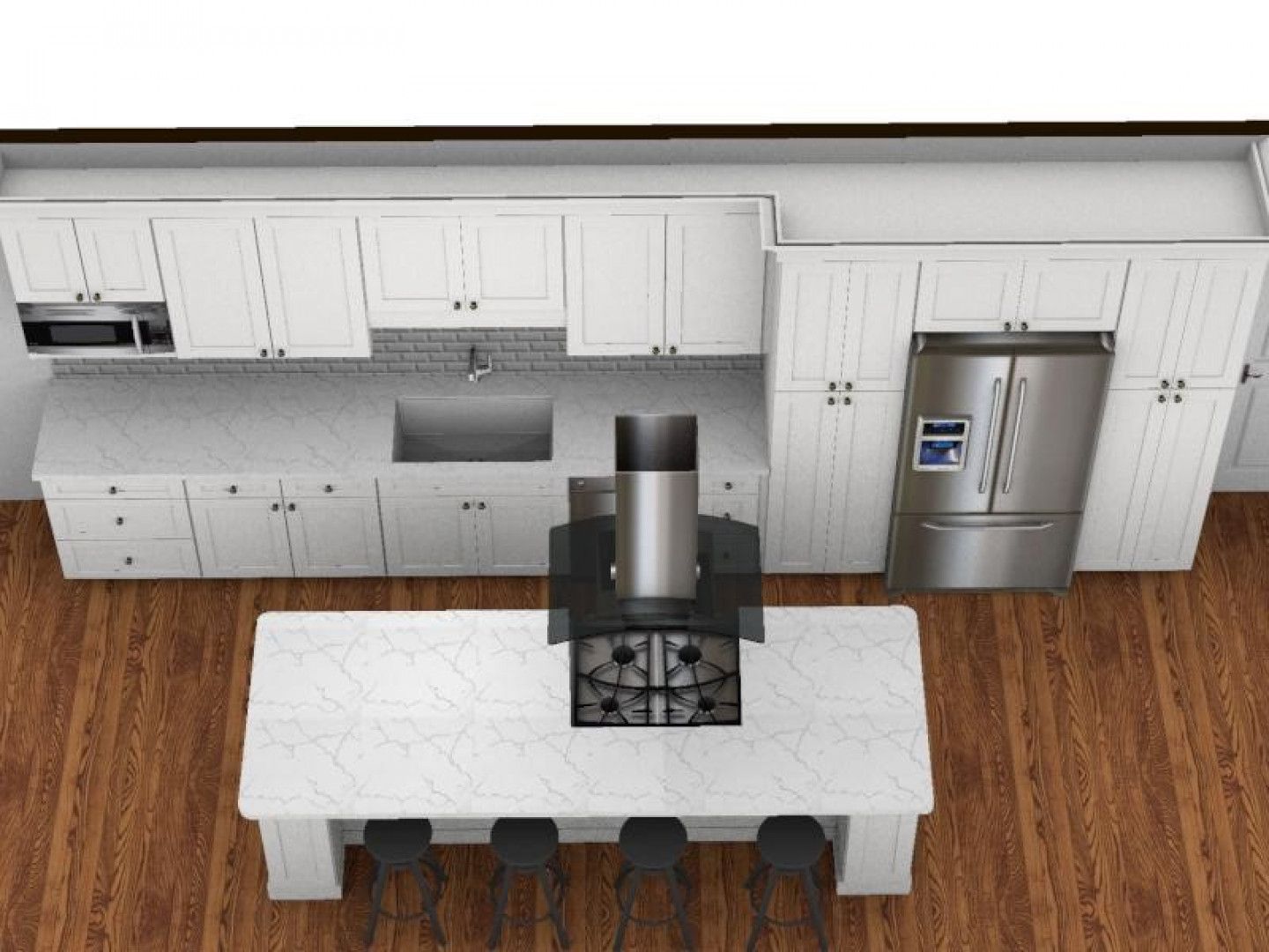 Top-down view of a modern white kitchen with a marble island, stainless steel appliances, and dark stools.
