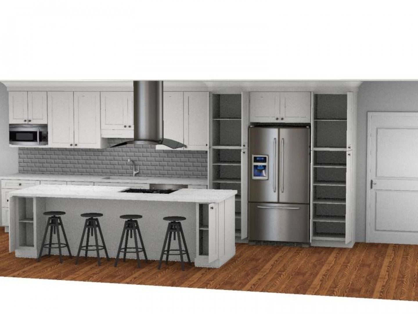 White kitchen with island, stainless steel appliances, bar stools, and hardwood floors.