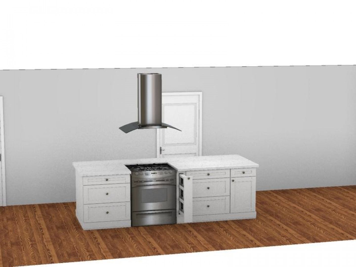 Kitchen island with stovetop and stainless steel range hood. Light cabinets, wood floor, and gray walls.