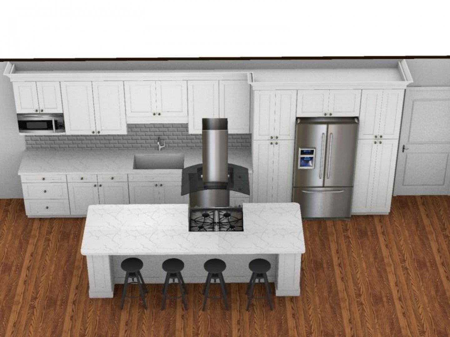 Kitchen with white cabinets, island with stools, stainless steel appliances, and hardwood floors.