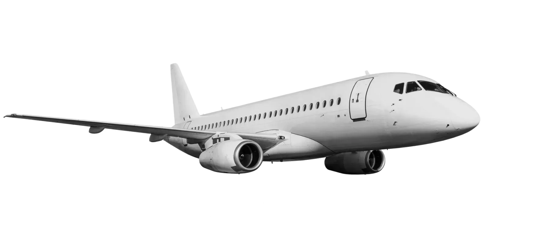 Monochrome airplane in flight, angled to the right. White fuselage, wings, and tail against a white background.