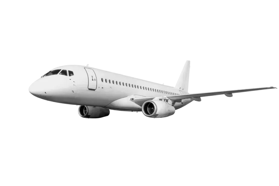 White passenger jet in flight, against a white background.