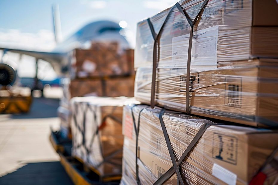 Pallets of packaged goods on a loading platform, airplane in background, sunny day.