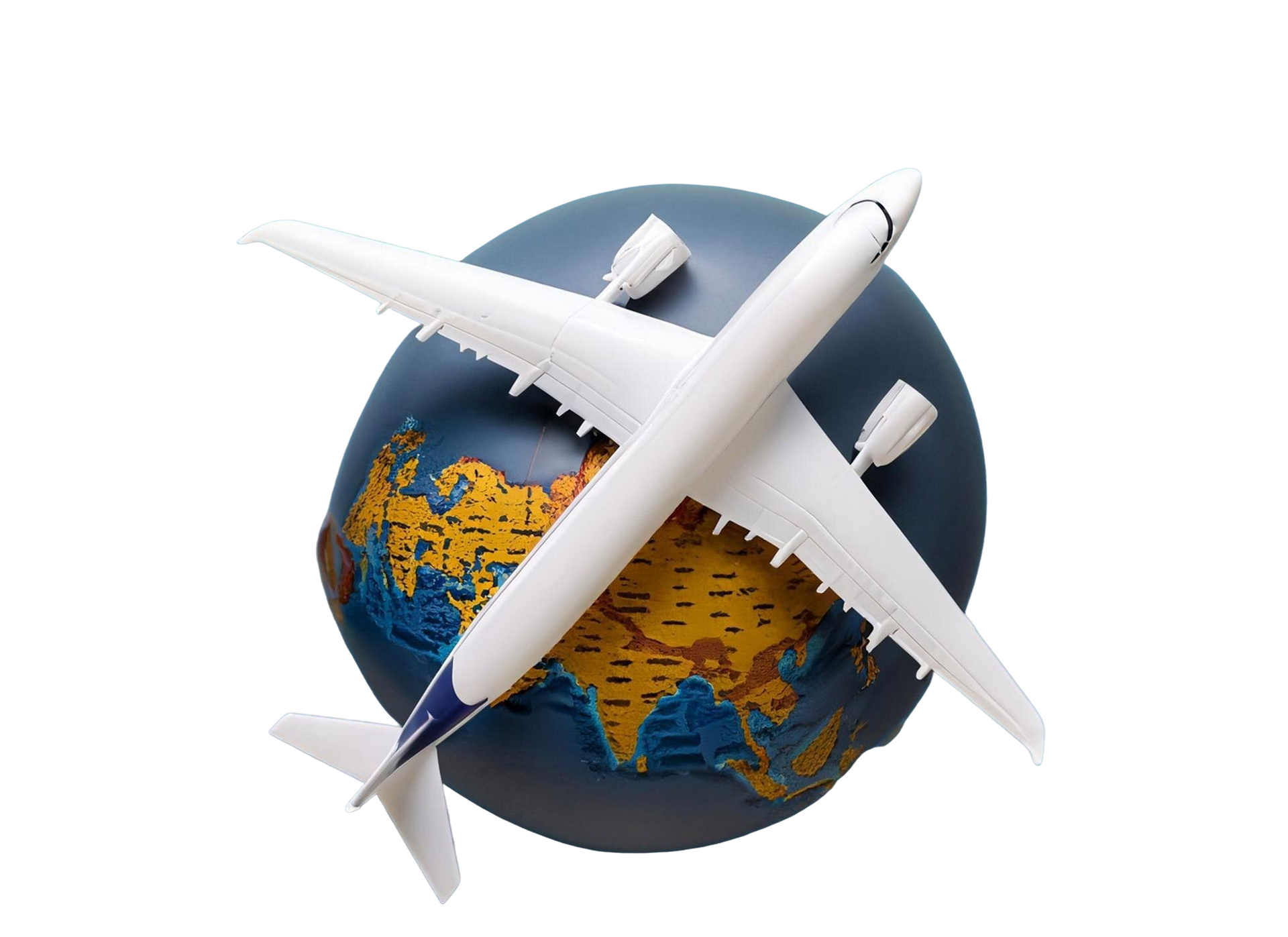 Airplane model flying over a globe, symbolizing travel.