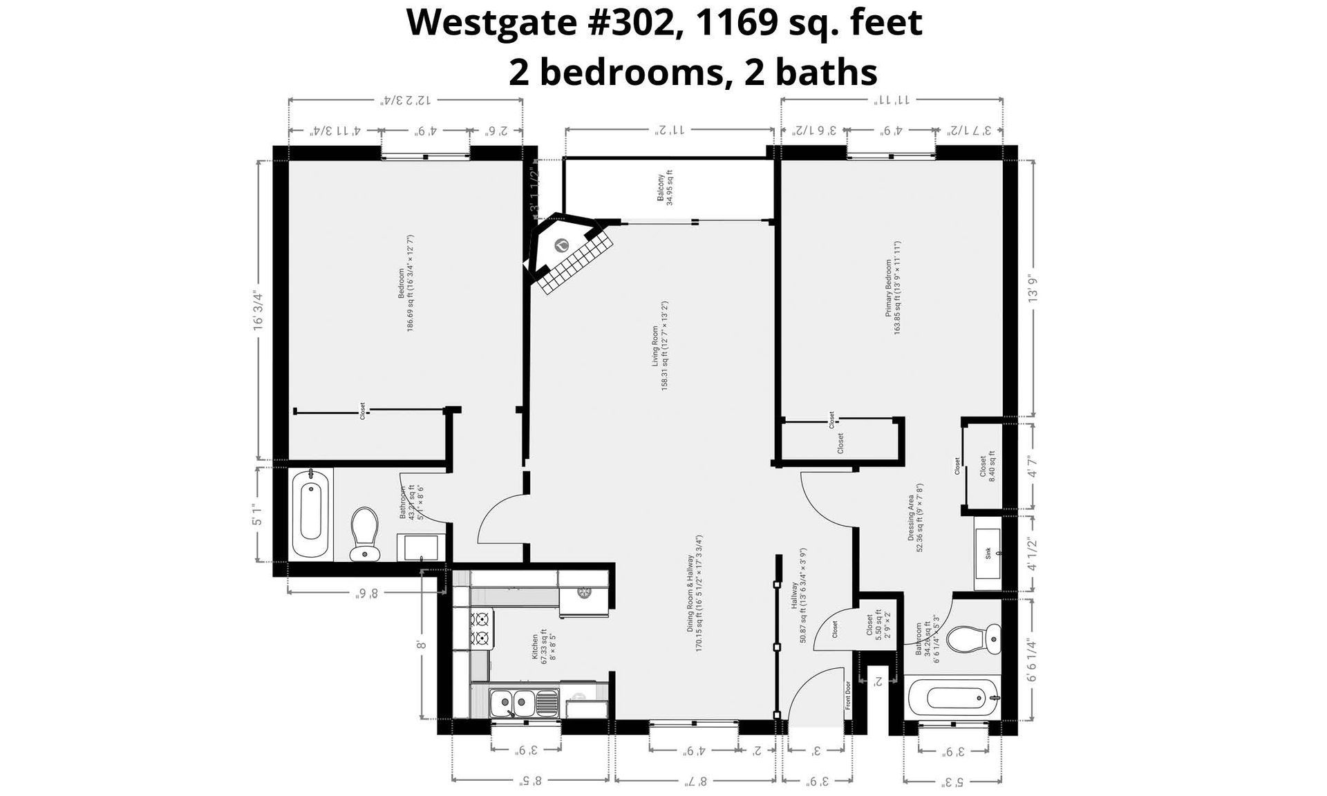 A black and white floor plan of a house with two bedrooms and two bathrooms.