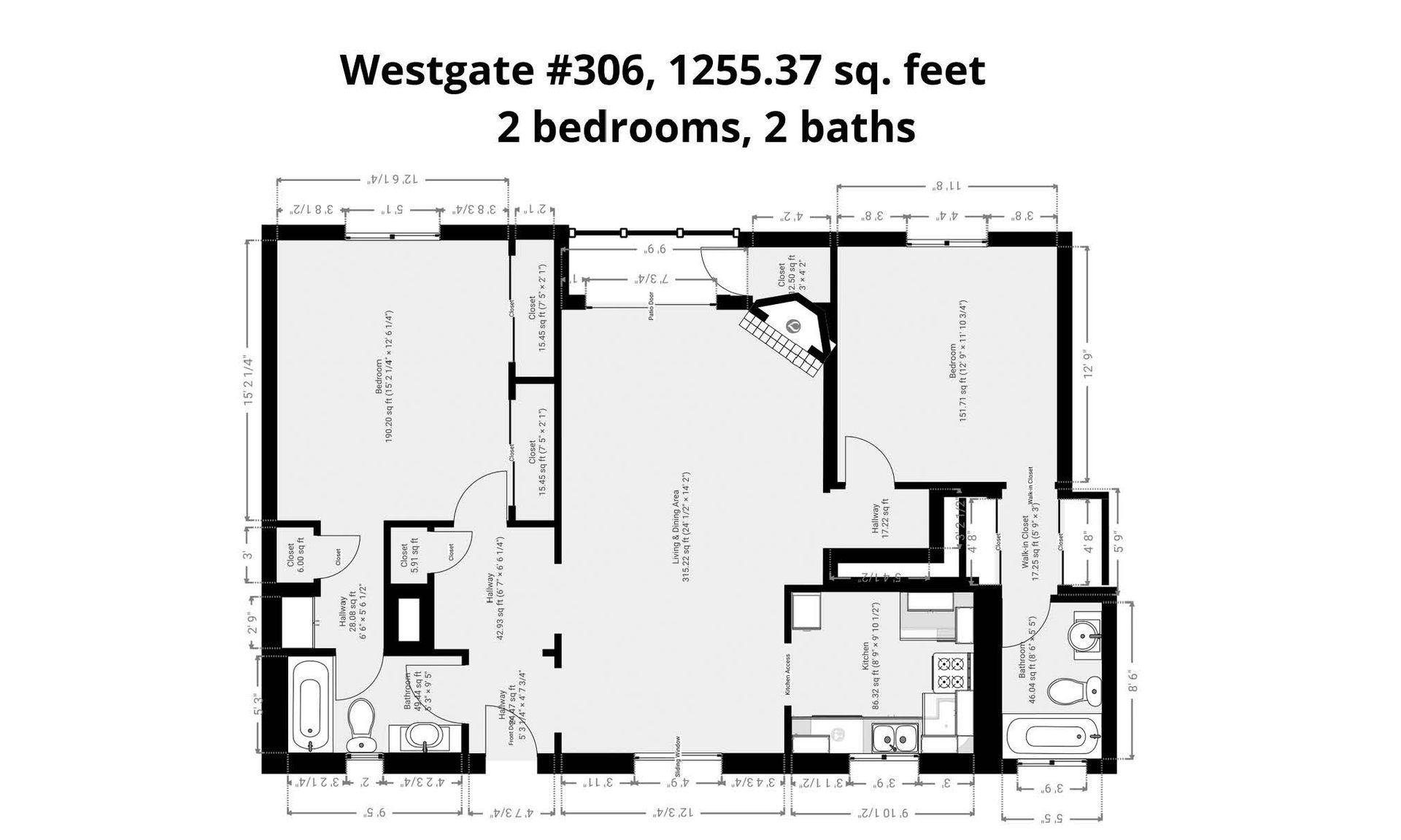 A floor plan of a house with two bedrooms and two bathrooms