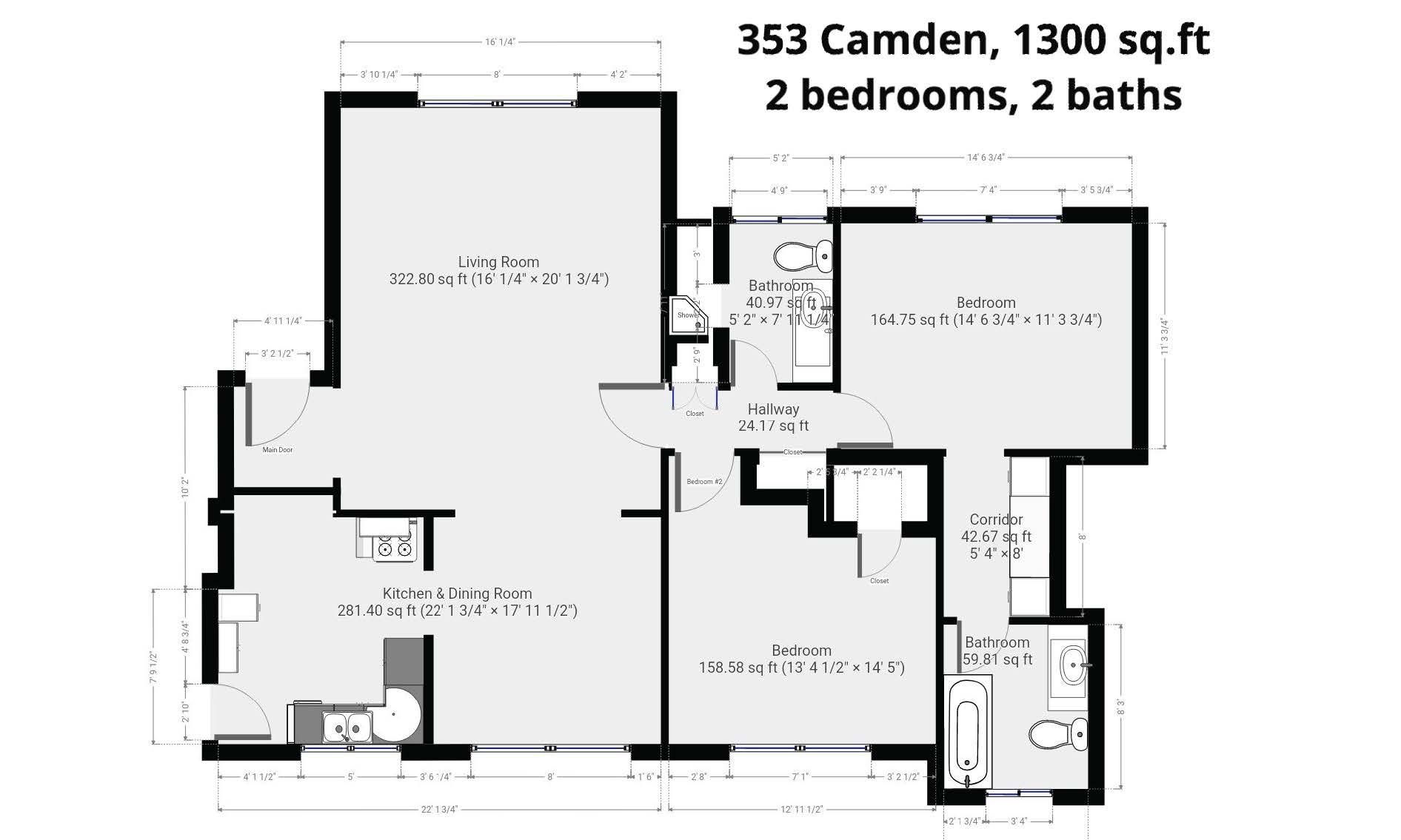A floor plan of a house with two bedrooms and two bathrooms