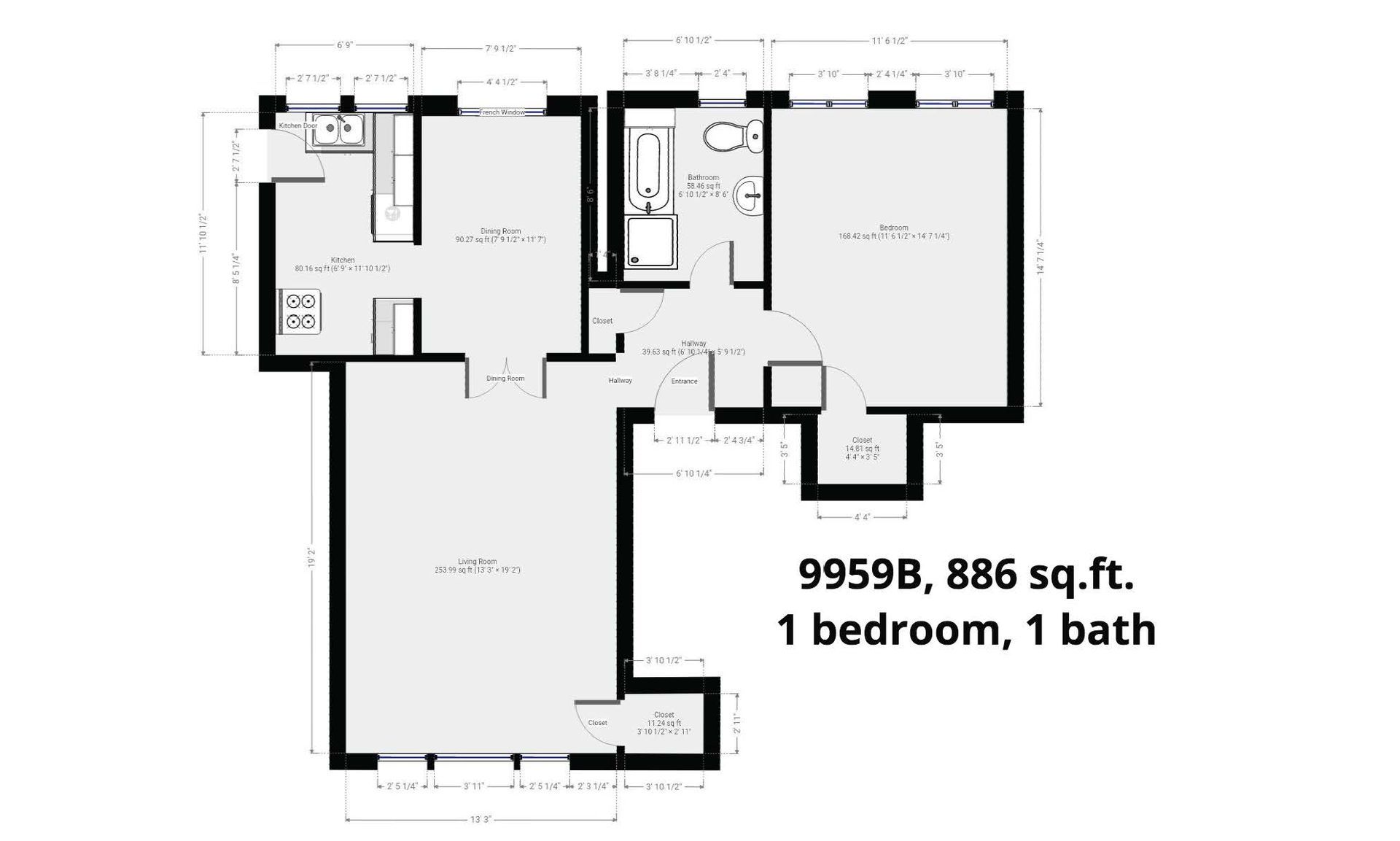 A black and white floor plan of a bedroom and bathroom