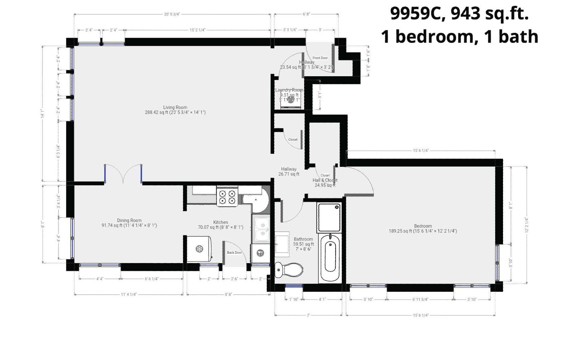 A floor plan of a house with 1 bedroom and 1 bath