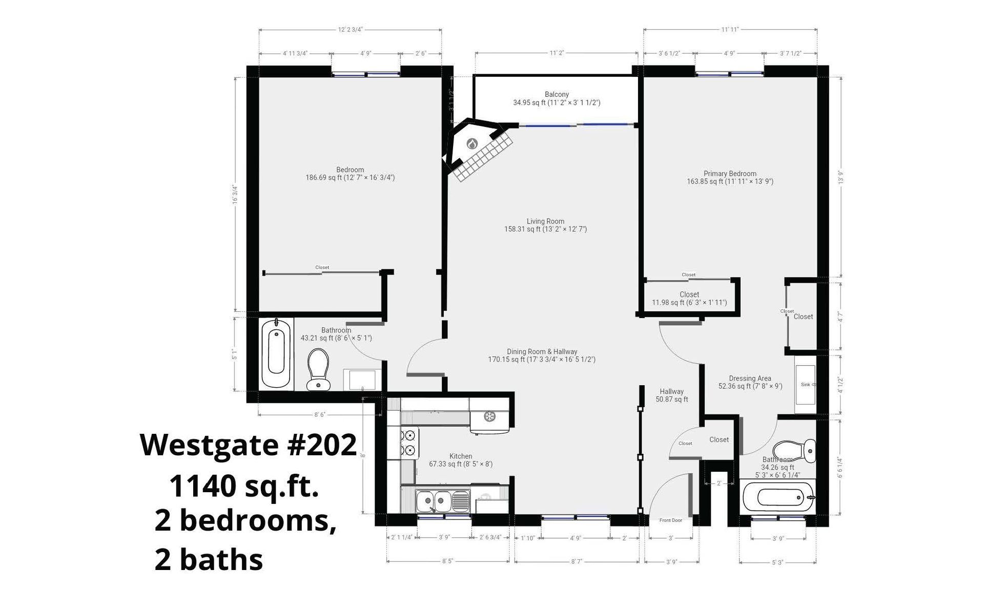A floor plan of a house with two bedrooms and two bathrooms.