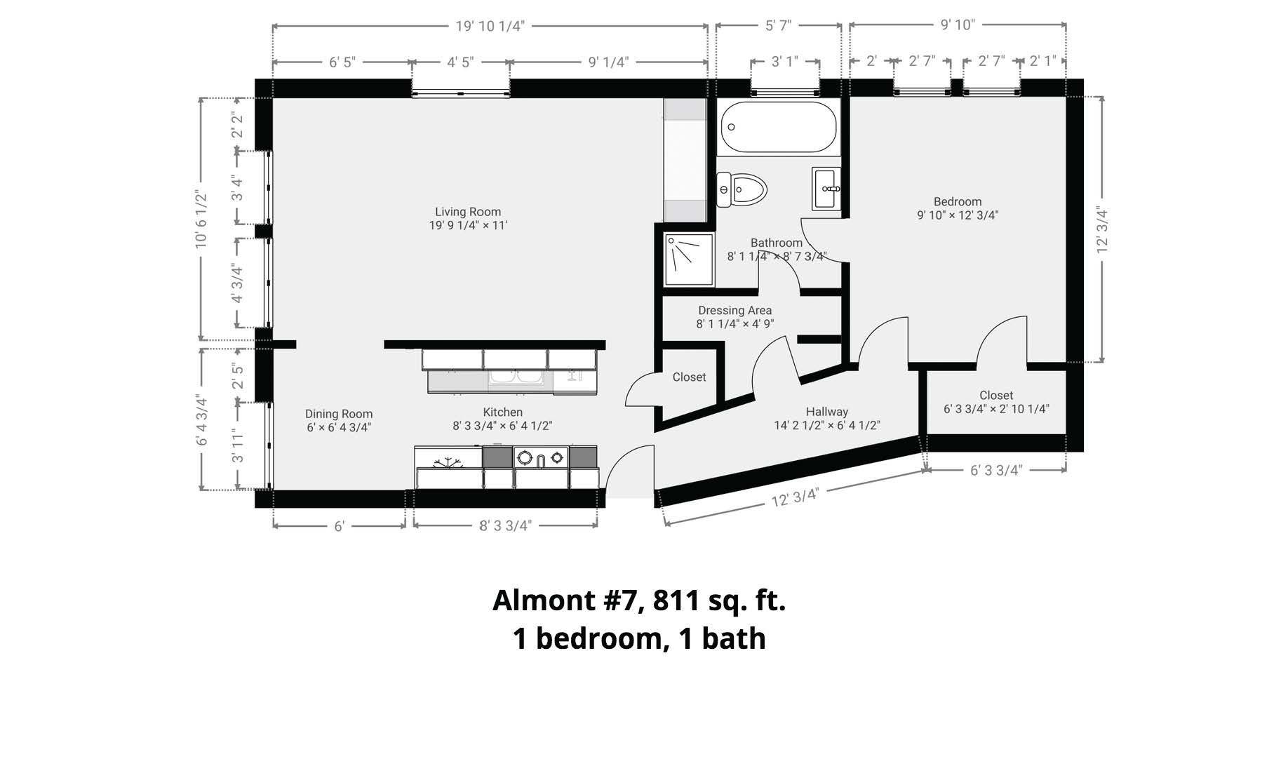 A black and white floor plan of a bedroom apartment