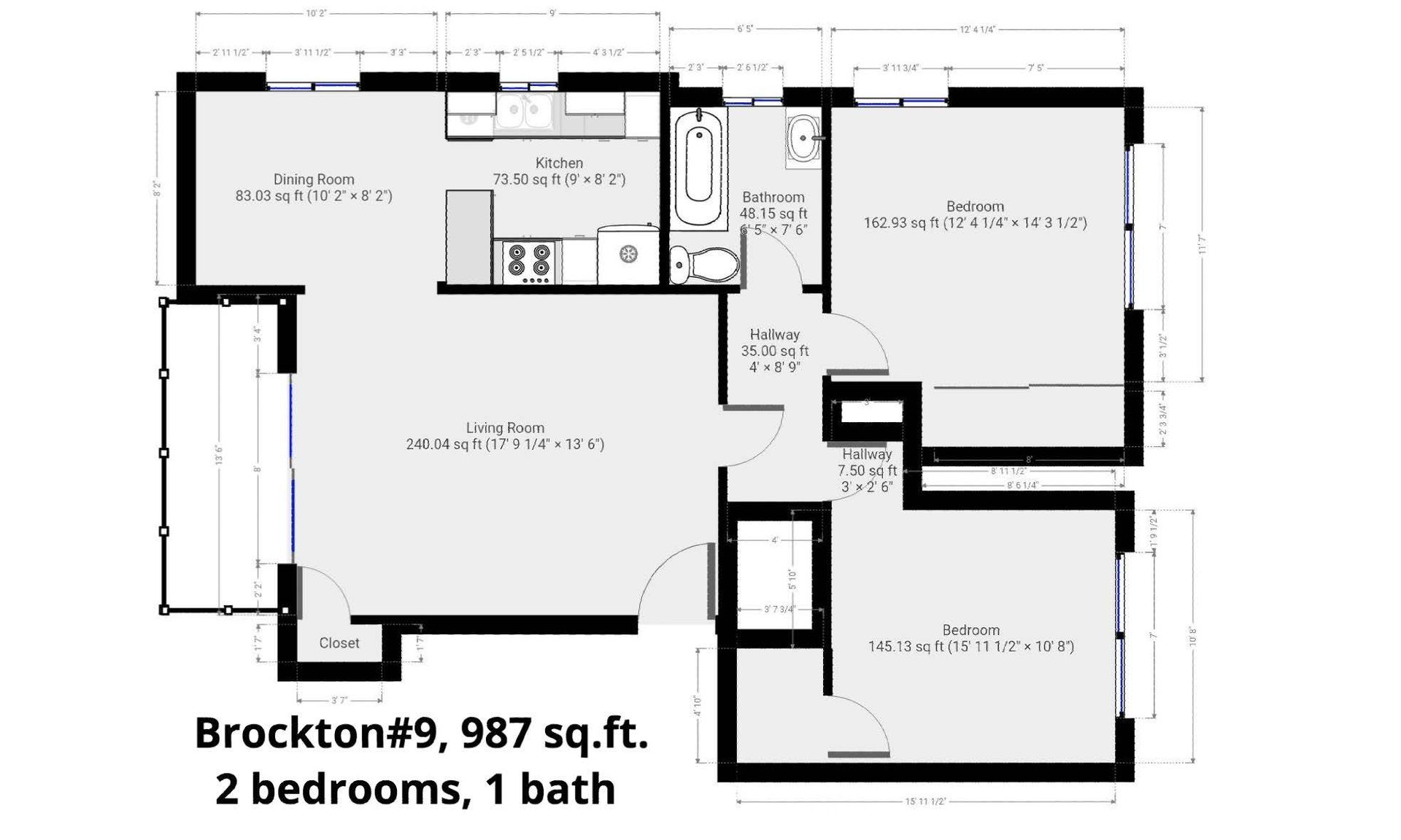 A floor plan of a house with two bedrooms and a bath