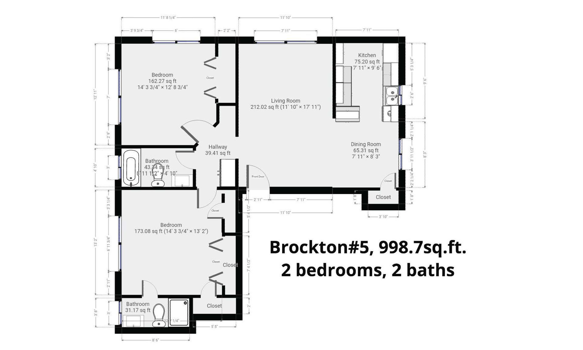 A floor plan of a house with two bedrooms and two bathrooms