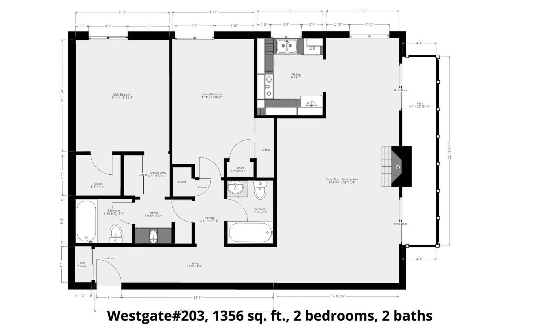 A black and white floor plan of a house with two bedrooms and two bathrooms.