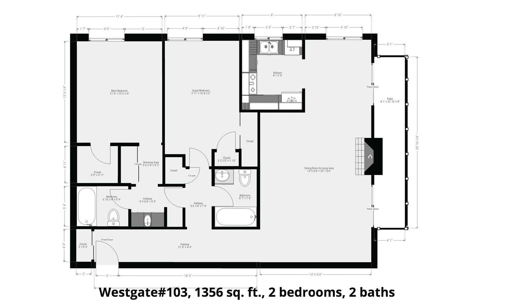 A black and white floor plan of a house with two bedrooms and two bathrooms.