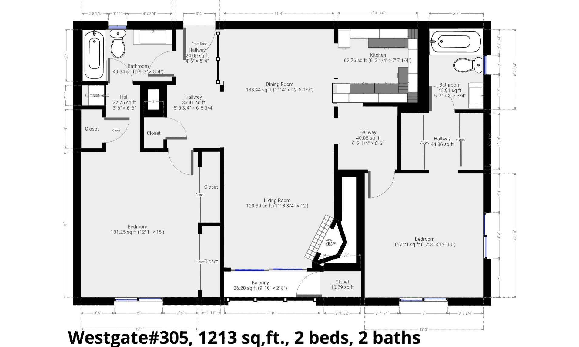 A floor plan of a house with two bedrooms and two bathrooms