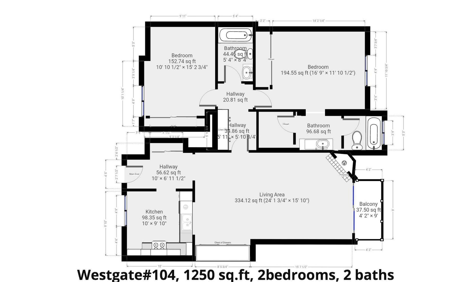 A floor plan of a house with two bedrooms and two bathrooms